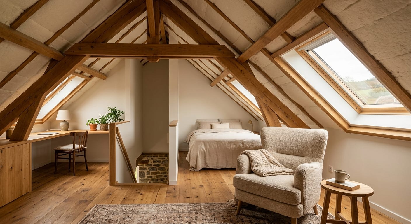 Combles aménagés chaleureux et bien isolés avec finition soignée sous toiture en Région wallonne
